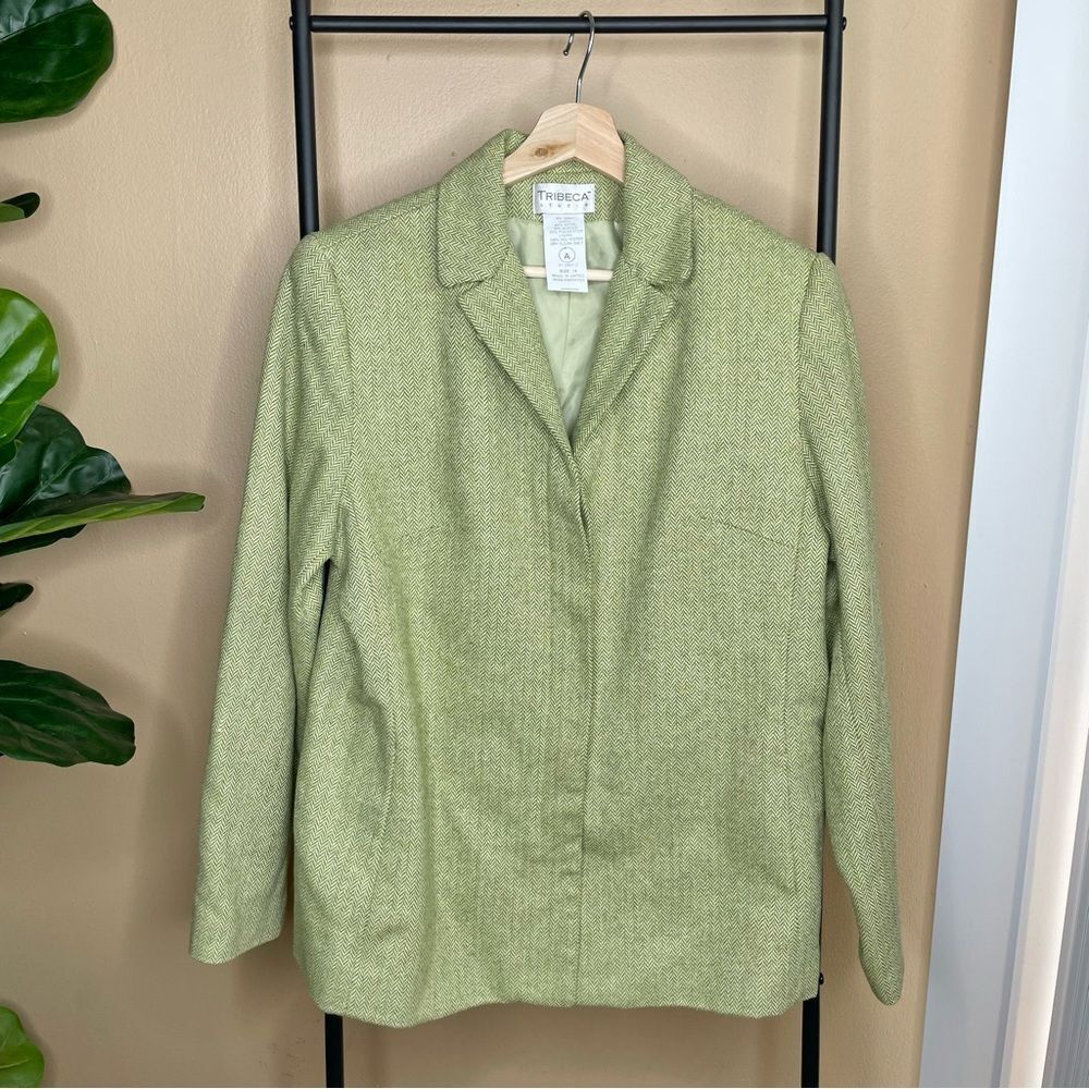 Tribeca Studio Green Chevron Print Wool Blend Blazer Size 14 Vintage